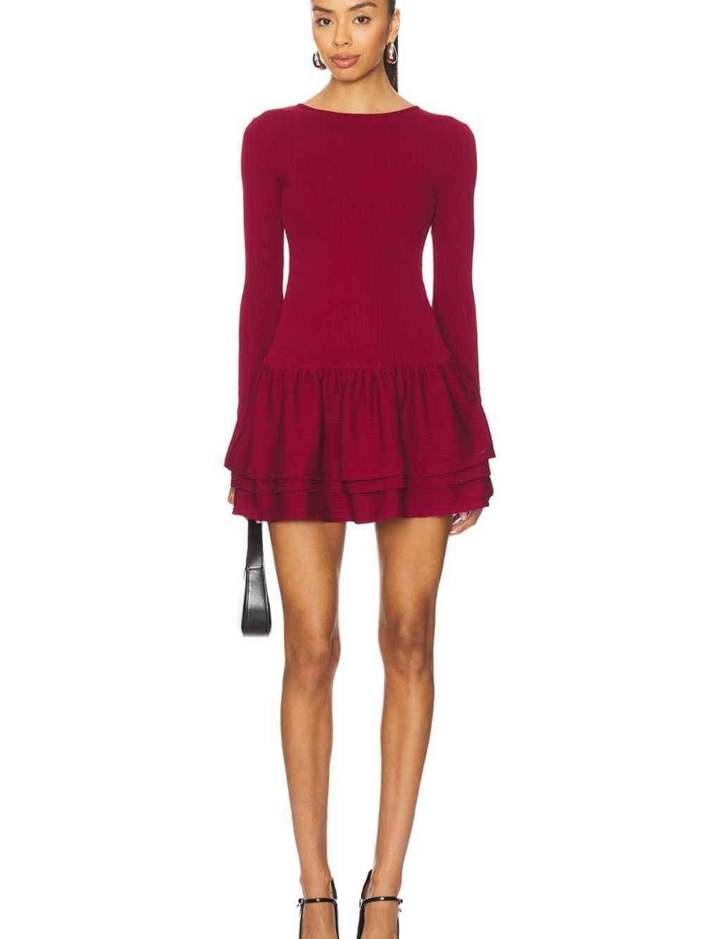 More to Come Revolve Long-Sleeve Ruffled Hem Mini Dress in Burgundy